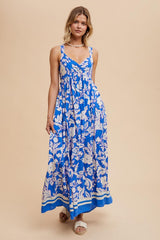 Blue Floral Cutout Back Tie Maxi Dress