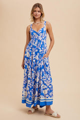 Blue Floral Cutout Back Tie Maxi Dress