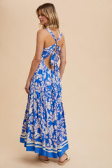 Blue Floral Cutout Back Tie Maxi Dress