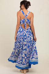 Blue Floral Cutout Back Tie Maxi Dress