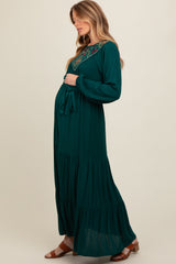 Dark Teal Embroidered Maternity Tiered Maxi Dress