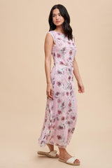 Lavender Rose Print Ruched Mesh Dress