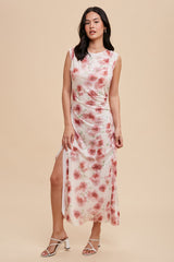 Cream Rose Print Ruched Mesh Maternity Dress