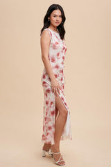 Cream Rose Print Ruched Mesh Dress