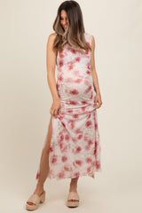 Cream Rose Print Ruched Mesh Maternity Dress