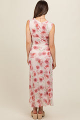 Cream Rose Print Ruched Mesh Maternity Dress