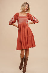 Rust Smocked Embroidered Damask Dress