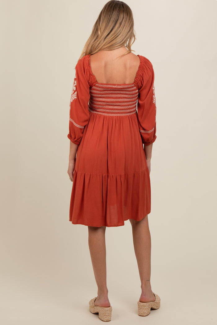 Rust Smocked Embroidered Damask Maternity Dress
