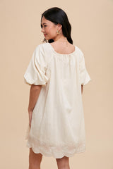 Cream Embroidered Puff Sleeve Dress