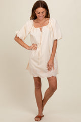 Cream Embroidered Puff Sleeve Dress