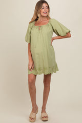 Light Olive Embroidered Puff Sleeve Maternity Dress