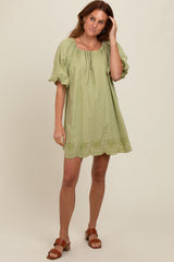 Light Olive Embroidered Puff Sleeve Maternity Dress