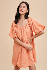 Peach Embroidered Puff Sleeve Maternity Dress