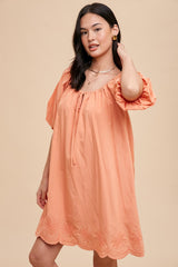 Peach Embroidered Puff Sleeve Dress