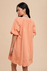 Peach Embroidered Puff Sleeve Dress