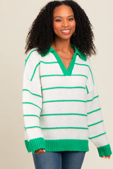 Green Striped Collared Dolman Sleeve Sweater