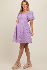 Lavender Floral Mesh Lace Puff Sleeve Maternity Dress