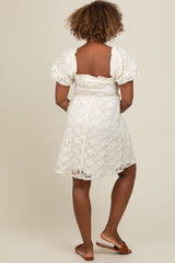 Ivory Floral Mesh Lace Puff Sleeve Dress