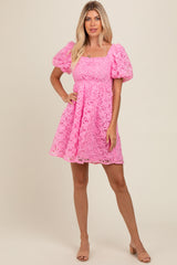 Pink Floral Mesh Lace Puff Sleeve Maternity Dress