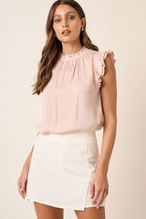 Pink Satin Ruffle Detail Short Sleeve Blouse