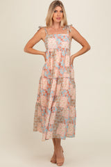 Peach Patchwork Print Shoulder Tie Tiered Midi Dress