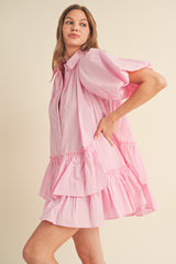 Cool Pink Bubble Sleeve Button Down Babydoll Dress