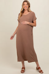 Mocha Rolled Cuff Maternity Midi Dress