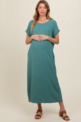 Teal Rolled Cuff Maternity Midi Dress