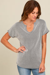 Black Ribbed Split Neckline Maternity Short Sleeve Top