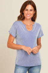 Royal Blue Ribbed Split Neckline Short Sleeve Top