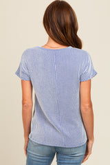 Royal Blue Ribbed Split Neckline Short Sleeve Top