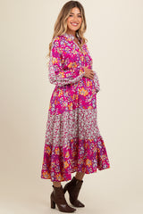 Magenta Mixed Floral Front Tie Maternity Midi Dress