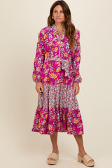 Magenta Mixed Floral Front Tie Maternity Midi Dress