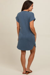 Blue Ribbed Round Hem Maternity Dress