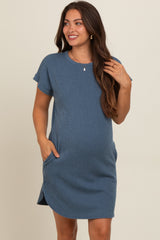 Blue Ribbed Round Hem Maternity Dress