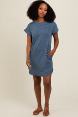 Blue Ribbed Round Hem Maternity Dress