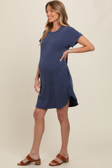 Navy Ribbed Round Hem Maternity Dress