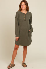 Olive Ribbed Button Accent Dress