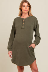 Olive Ribbed Button Accent Maternity Dress