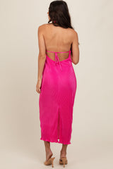 Fuchsia Knot Front Plisse Halter Midi Dress