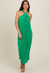 Green Knot Front Plisse Halter Maternity Midi Dress