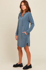 Blue Ribbed Hoodie Dress