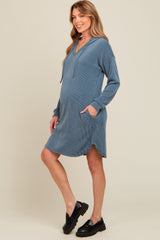 Blue Ribbed Hoodie Maternity Dress