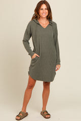 Olive Ribbed Hoodie Maternity Dress