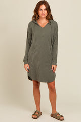 Olive Ribbed Hoodie Dress