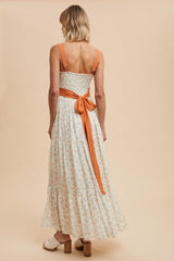 Orange Floral Contrast Sash Tie Maxi Dress