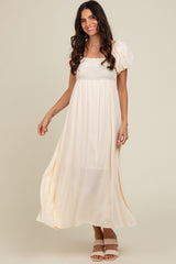 Cream Smocked Puff Sleeve Maternity Maxi Dress