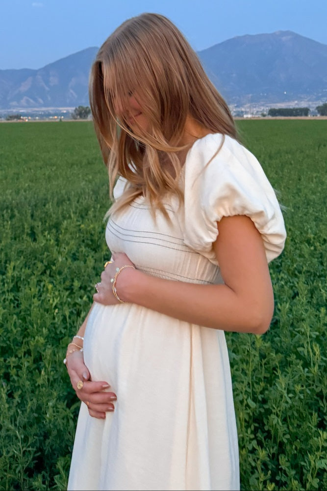 Cream Smocked Puff Sleeve Maternity Maxi Dress