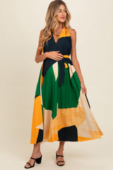 Multicolor V-Neck Satin Pleated Maternity Maxi Dress