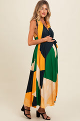 Multicolor V-Neck Satin Pleated Maternity Maxi Dress